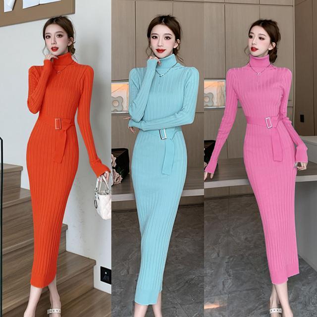 Celebrity simple autumn and winter turtleneck sweater base goddess style high waist elastic tight knitted hip dress