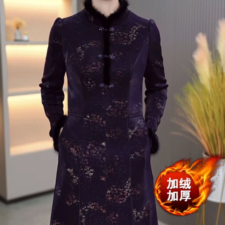 加絨加厚水晶琉璃精紡改良版旗袍連衣裙2023新款冬季高檔媽媽裙子