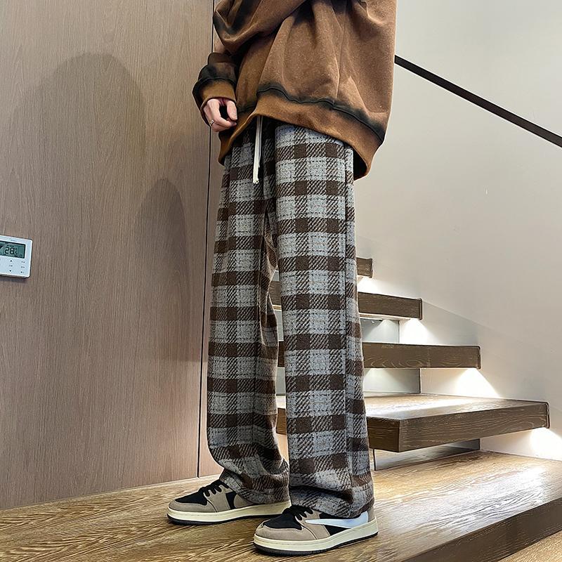 Woolen plaid trousers for men in autumn and winter American vintage high-end thickened loose straight wide-leg casual trousers