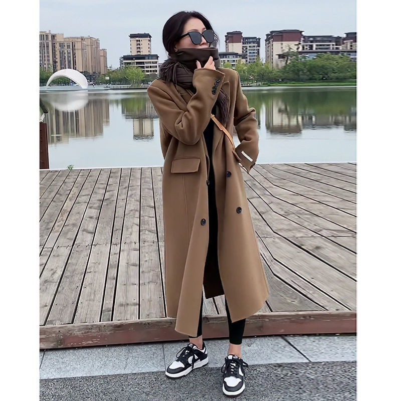 駝色呢子大衣女2023秋冬季新款中長款小個子赫本風加厚羊毛呢外套