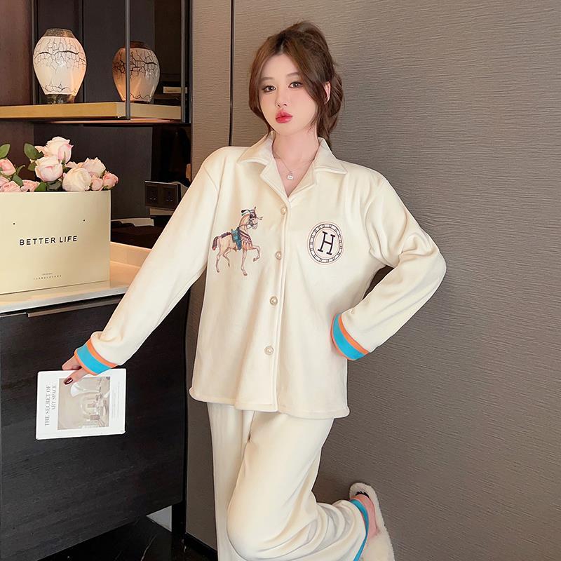 海島絨睡衣女秋冬季長袖2023年新款翻領冬天薄絨高級感居家服套裝