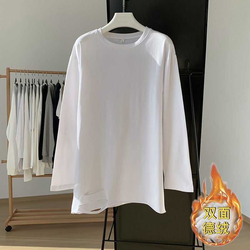 長袖加絨上衣服女秋冬新款簡約小眾破洞感內搭高級感德絨t恤潮ins