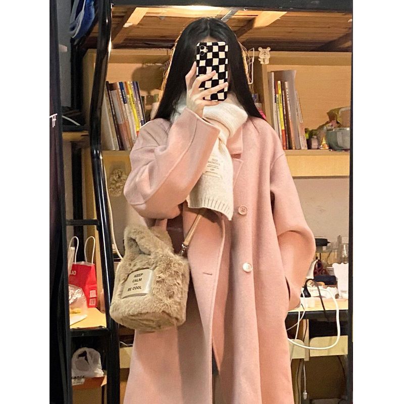 雙面羊絨大衣女中長款2023冬季新款小個子呢子粉色加厚羊毛呢外套