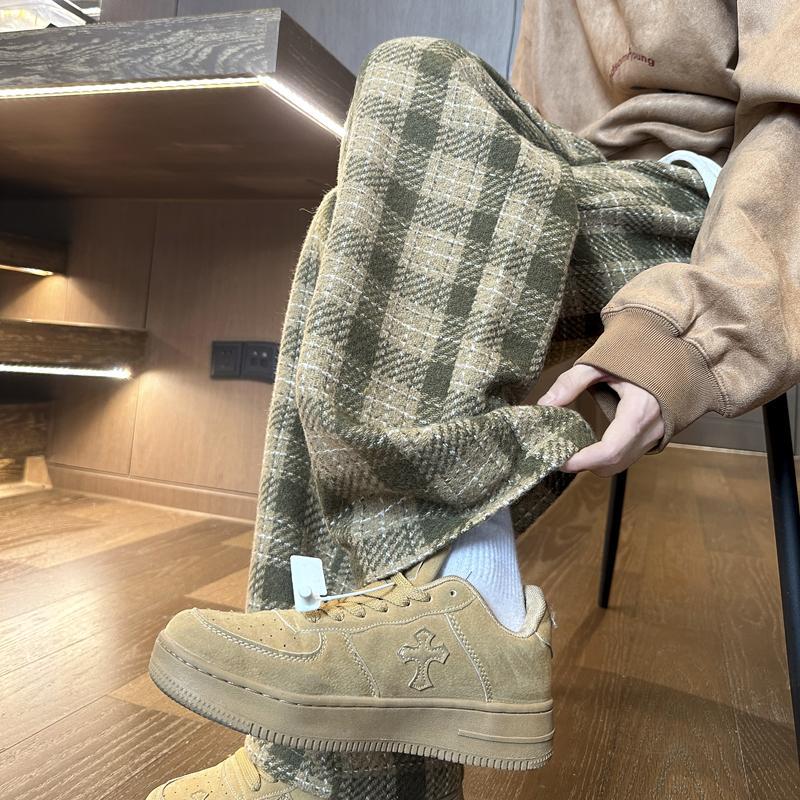 Plaid woolen casual pants for men in autumn and winter thickened trendy brand heavy straight pants American retro hiphop drape pants