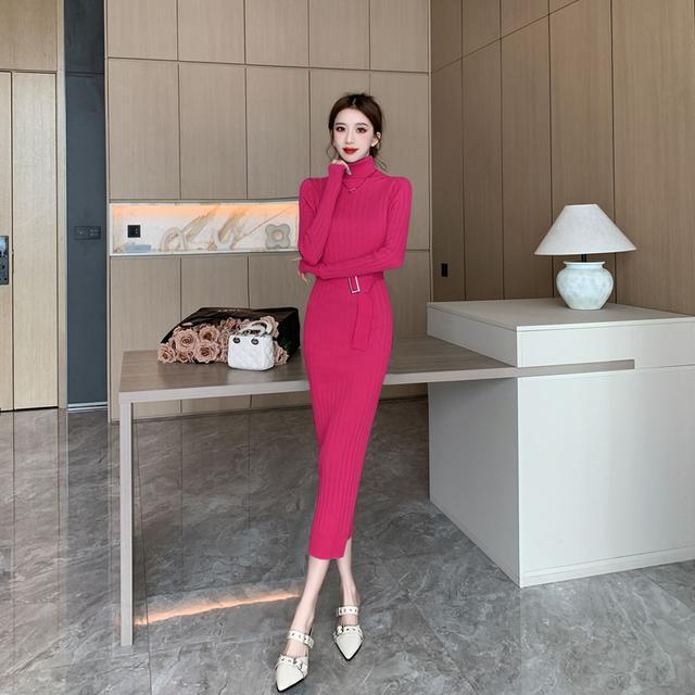 Celebrity simple autumn and winter turtleneck sweater base goddess style high waist elastic tight knitted hip dress