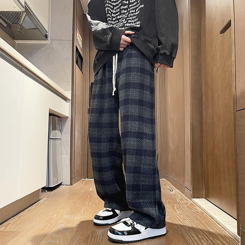 Woolen plaid trousers for men in autumn and winter American vintage high-end thickened loose straight wide-leg casual trousers