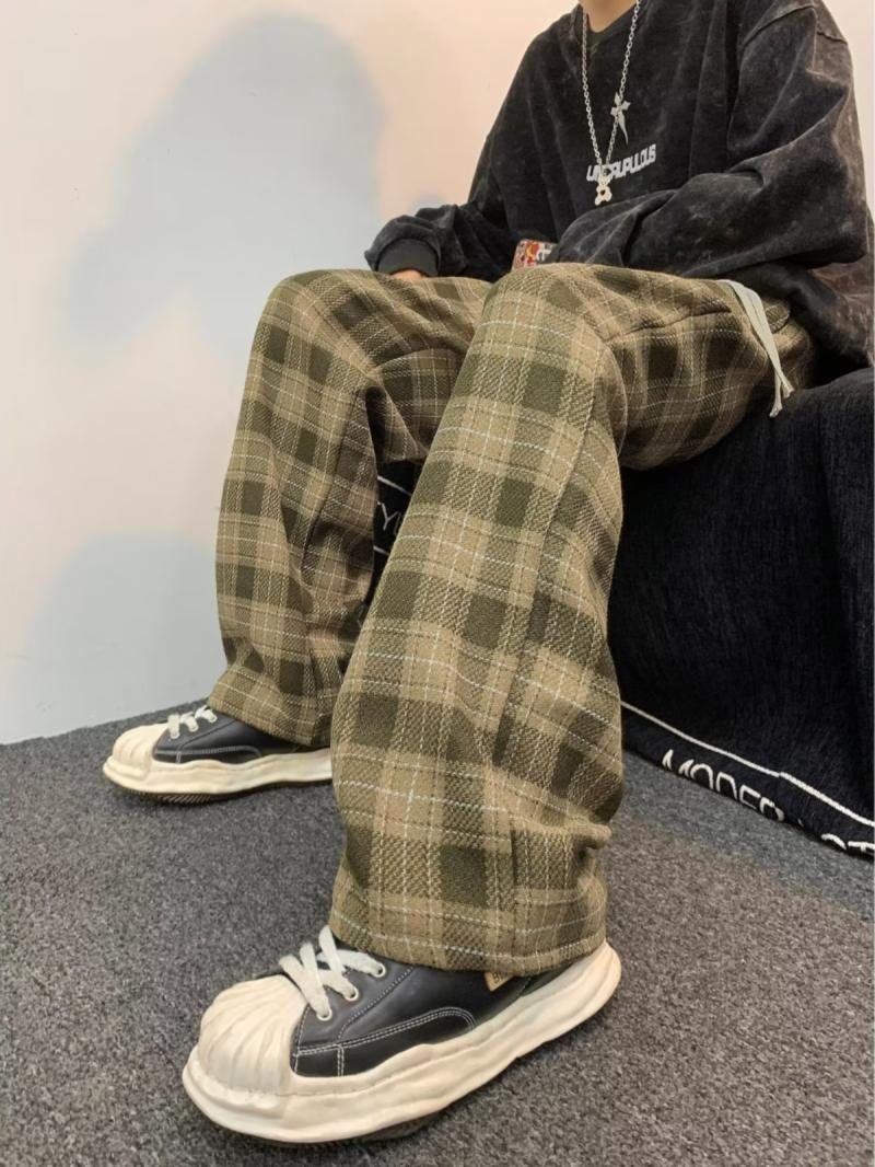 Plaid pants men's autumn and winter new trendy brand retro casual pants American high street loose straight wide leg trousers
