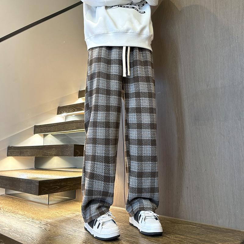 Plaid woolen casual pants for men in autumn and winter thickened trendy brand heavy straight pants American retro hiphop drape pants