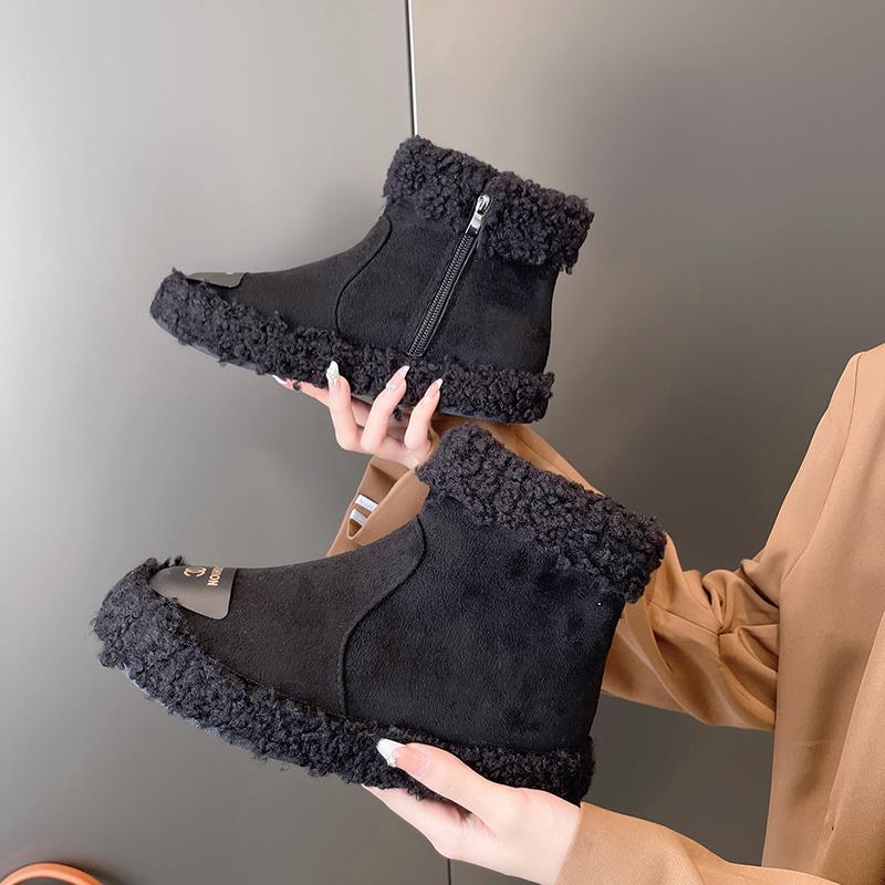  New Warm and Velvet Cotton Shoes Short Boots Ski-proof Ground Boots Curly Shoes Versatile and Fashionable