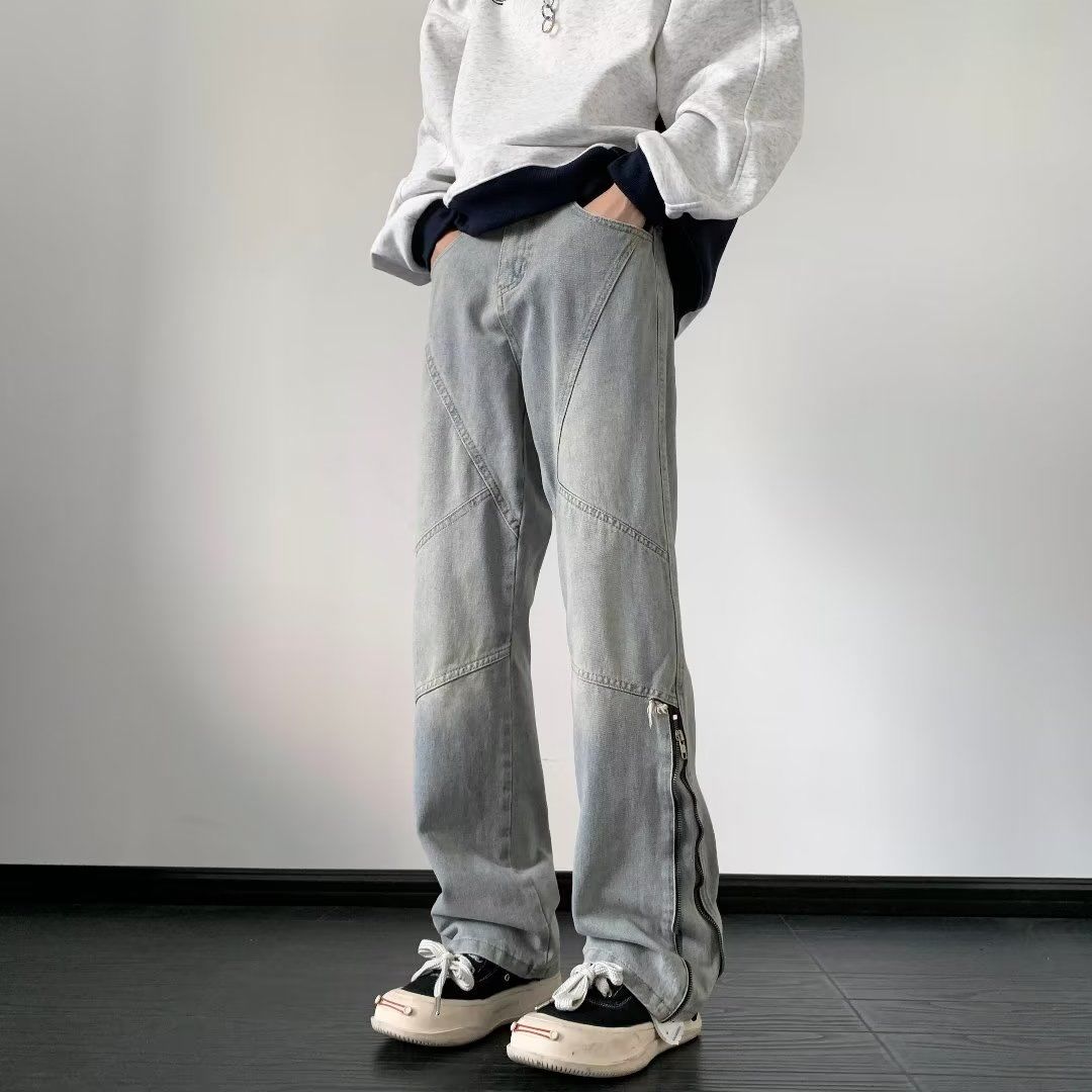 美式直筒微喇褲子秋冬2023新款高街vibe潮牌復古拉鏈牛仔褲男