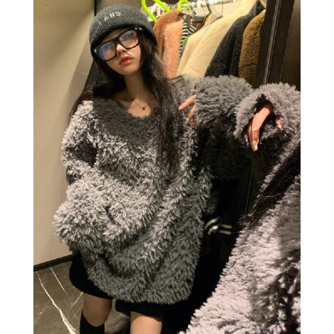 加厚羊羔毛長袖v領衛衣女秋冬季中長款外穿軟糯寬鬆套頭上衣女裝
