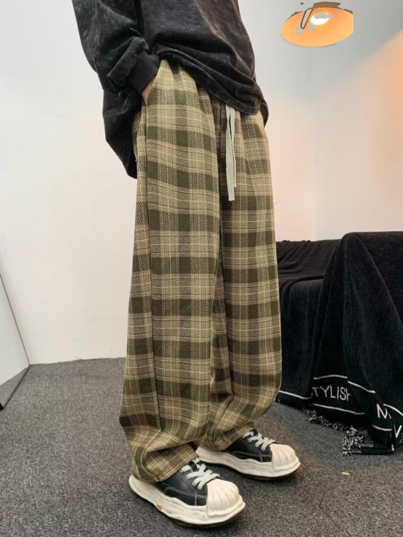 Plaid pants men's autumn and winter new trendy brand retro casual pants American high street loose straight wide leg trousers