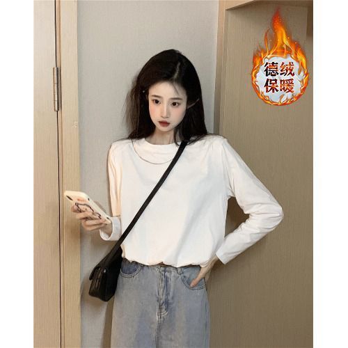 加厚雙面德絨圓領白色打底衫女加絨秋冬磨毛內搭韓版寬鬆長袖T恤