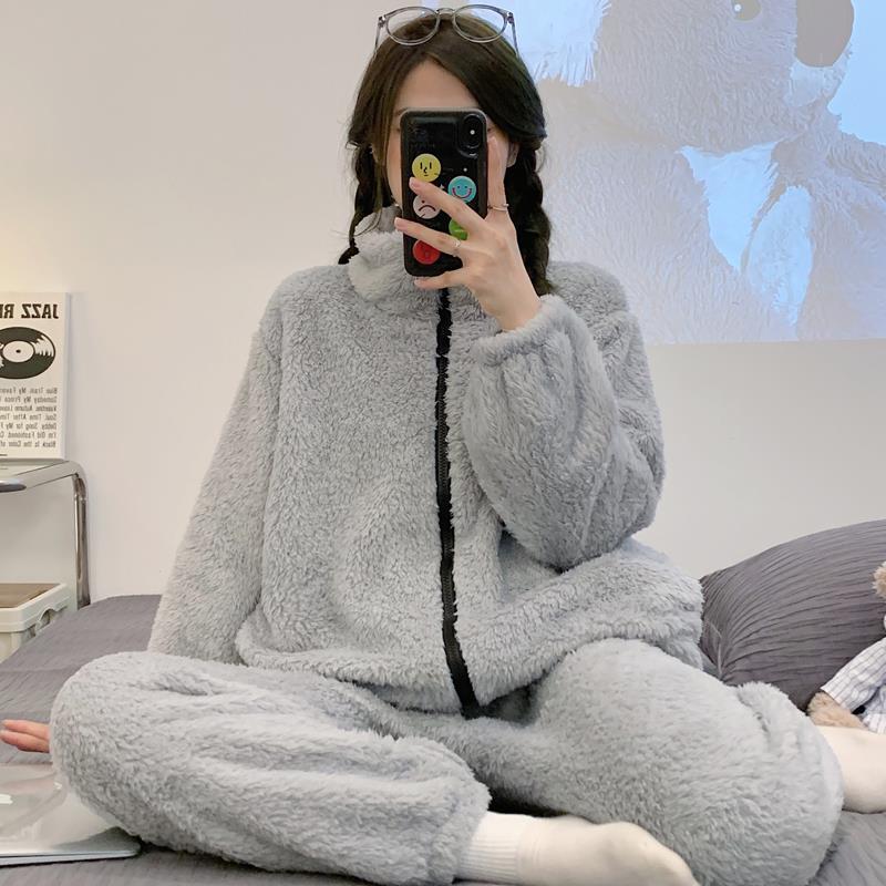 加厚珊瑚絨灰色睡衣女秋冬季2023年新款衛衣拉鏈法蘭絨家居服套裝