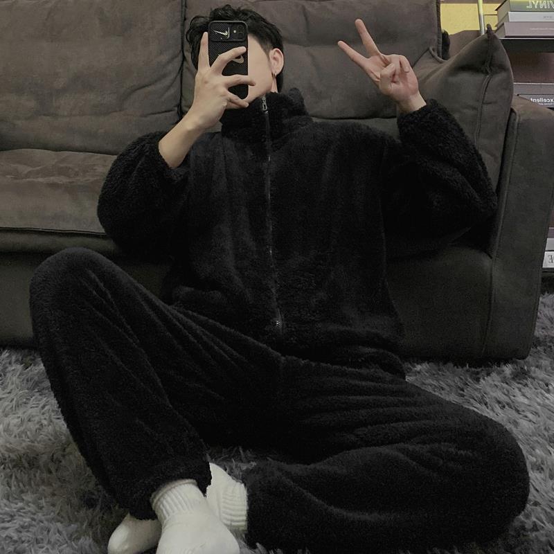 男士睡衣秋冬季加厚珊瑚絨2023新款拉鏈情侶可外穿家居服大碼套裝