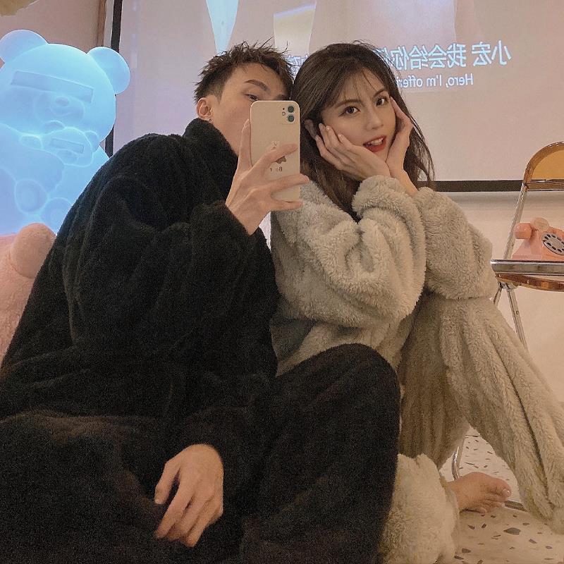Plus size plus size coral velvet couple pajamas 2023 men and women autumn and winter plus velvet thickening can be worn outside home clothes