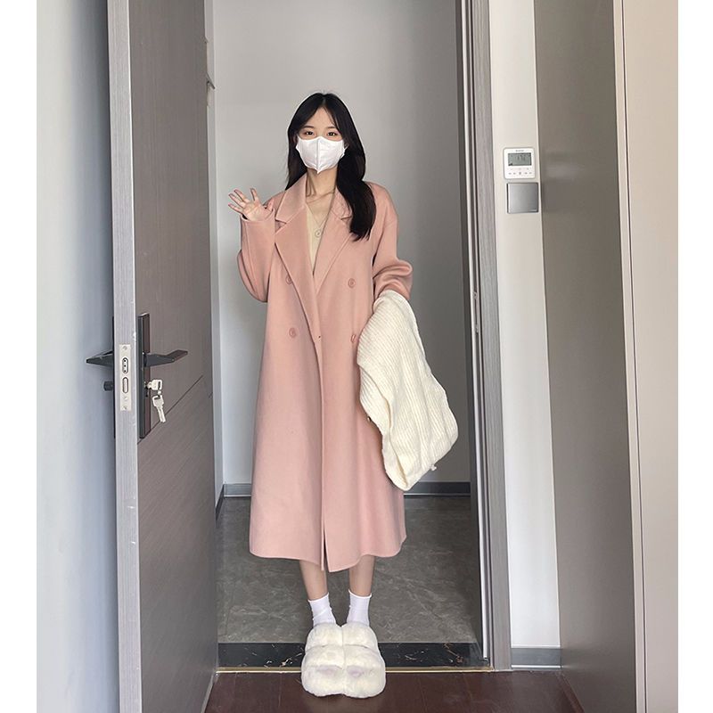 粉色雙面羊絨大衣女中長款2023年秋冬季新款小個子呢子羊毛呢外套