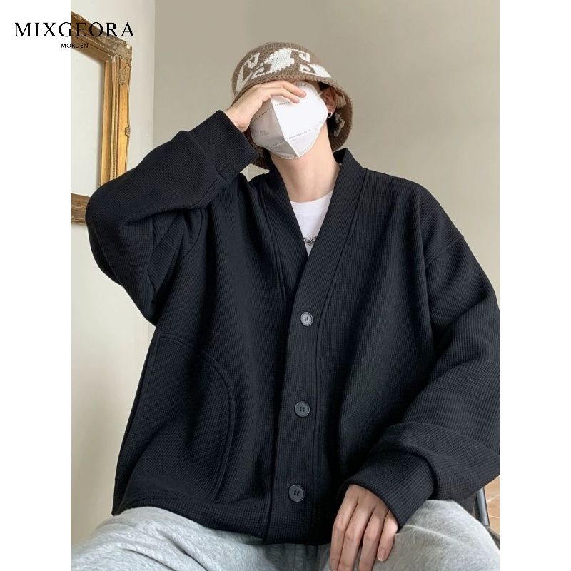 MIX GEORA pure black Japanese style lazy style jacket men's waffle V-neck knitted cardigan couple autumn jacket