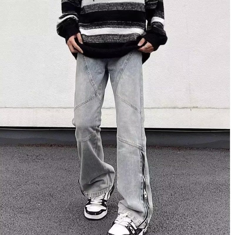 美式潮牌高街設計感拉鏈小眾hiphop牛仔褲男拼接做舊水洗拖地長褲