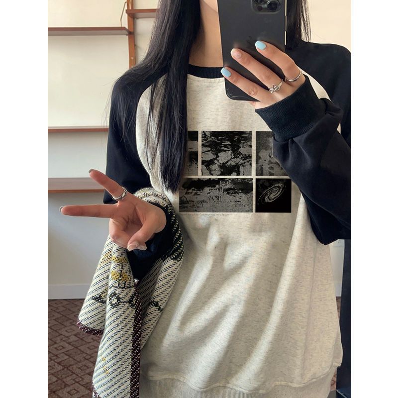 2023新款春秋季美式復古插肩圓領衛衣女韓系寬鬆oversize長袖上衣
