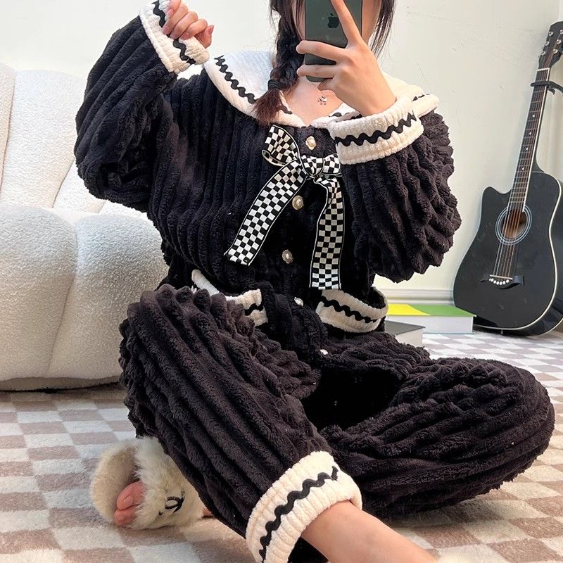 公主風娃娃領睡衣女韓版珊瑚絨加絨加厚秋冬季新款保暖家居服套裝