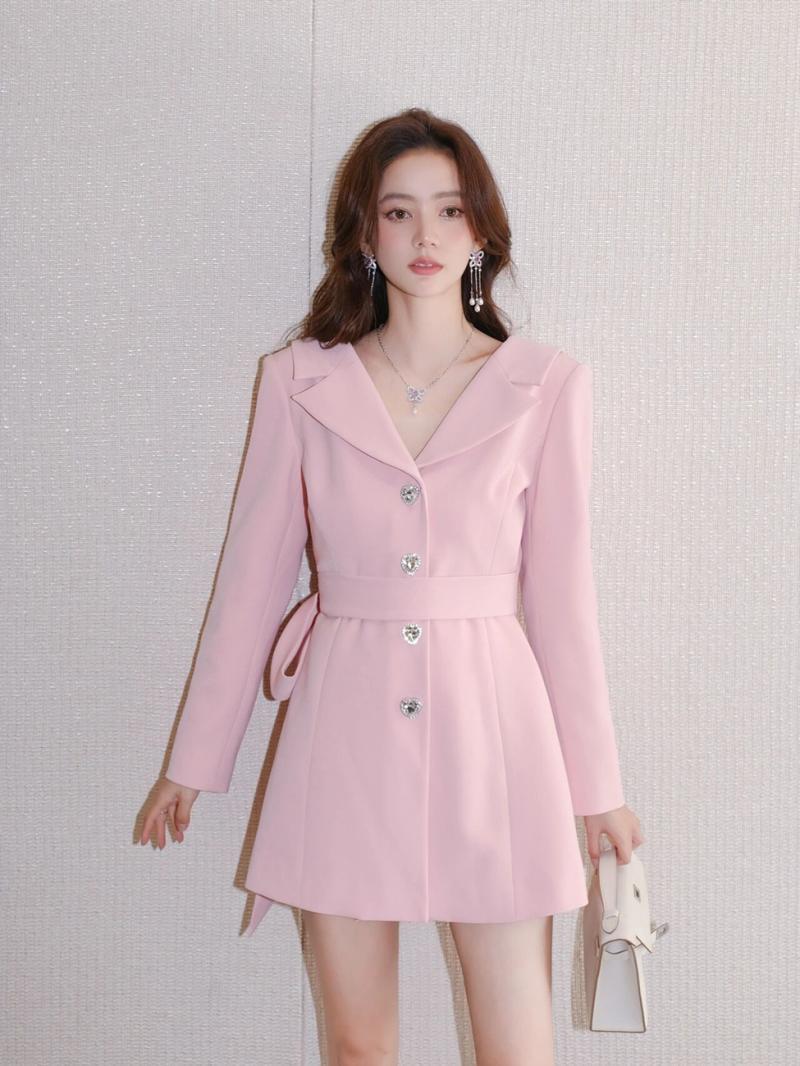 Pink suit dress for women spring and autumn  new French style light luxury commuting temperament waist tie skirt