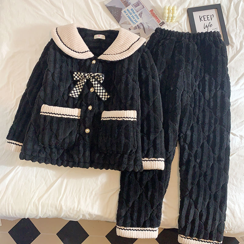 睡衣女款冬季蝴蝶結珊瑚絨加絨加厚新款保暖翻領家居服套裝可外穿