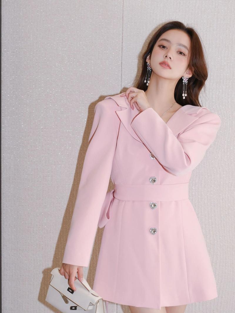 Pink suit dress for women spring and autumn  new French style light luxury commuting temperament waist tie skirt