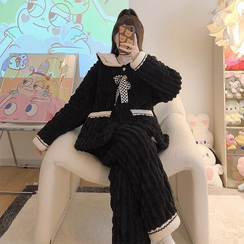 韓國小香風睡衣冬季女加絨加厚珊瑚絨可外穿娃娃領加絨保暖家居服