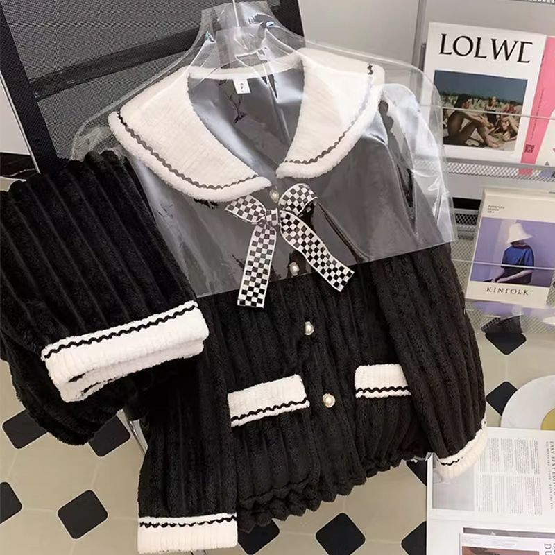 睡衣女秋冬款珊瑚絨可愛娃娃領網紅加厚加絨保暖法蘭絨家居服套裝