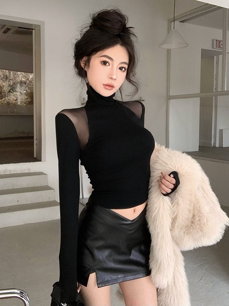 純欲辣妹性感網紗透視露肩上衣女秋冬磨毛加絨高領蕾絲打底衫內搭