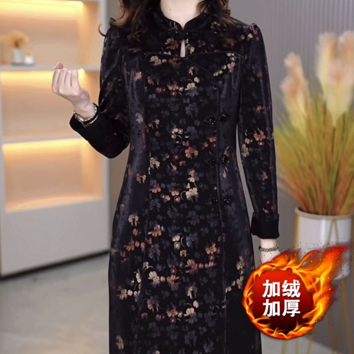 加絨加厚水晶喬其新中式國風改良版旗袍連衣裙2023新款冬女裝裙子