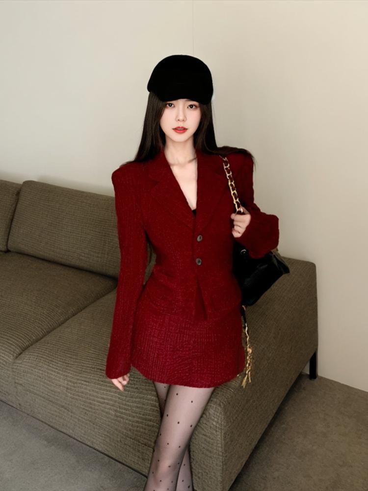 Red Christmas suit skirt small fragrant two-piece autumn and winter high-end temperament suit jacket hip-covering skirt suit for women