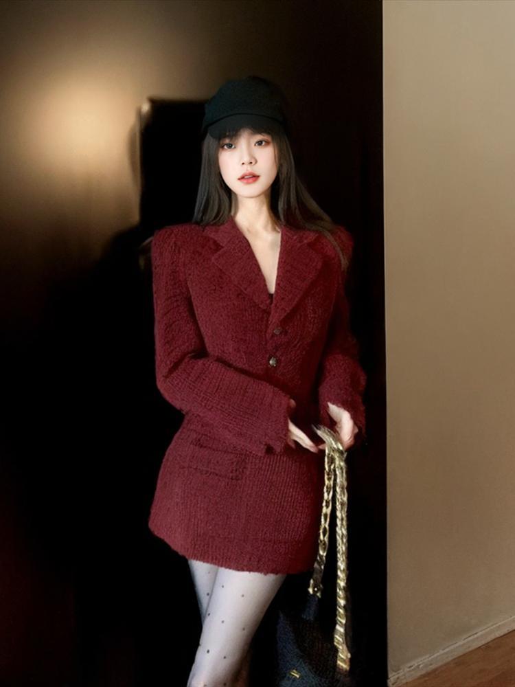 Red Christmas suit skirt small fragrant two-piece autumn and winter high-end temperament suit jacket hip-covering skirt suit for women