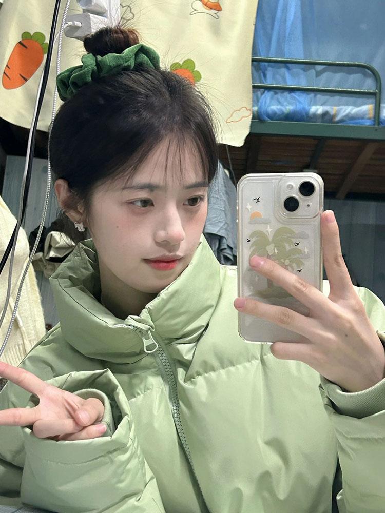 綠色立領棉服麵包服女冬季新款加厚學生小個子寬鬆慵懶風百搭棉衣
