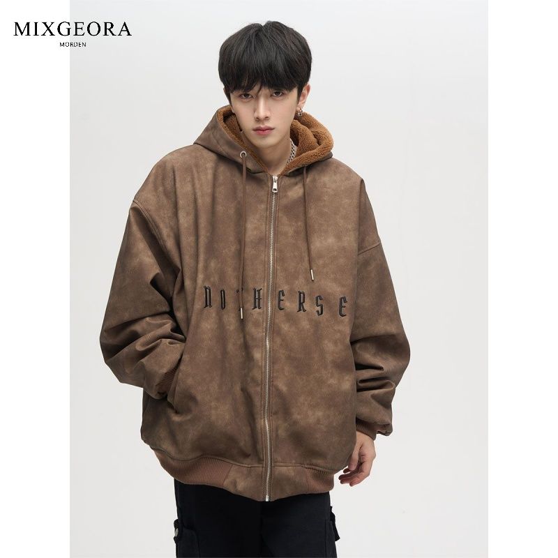 MIX GEORA冬季加絨加厚字母刺繡復古外套男開衫拉鏈棉服夾克ins