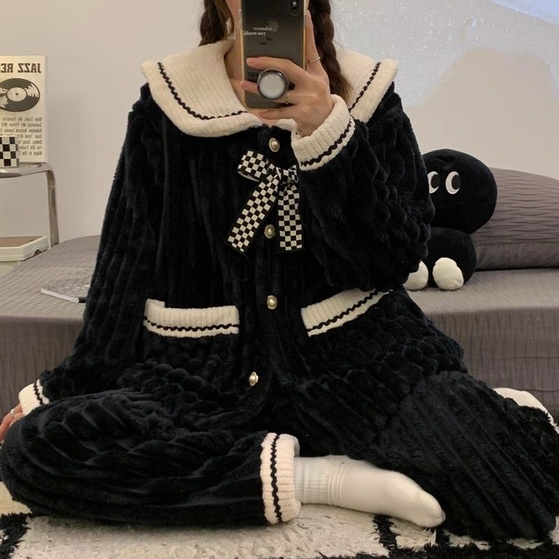 珊瑚絨睡衣冬季女款加絨加厚網紅風卡通可愛冬天法蘭絨家居服套裝