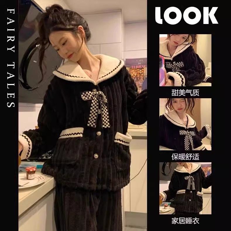 睡衣女秋冬款珊瑚絨可愛娃娃領網紅加厚加絨保暖法蘭絨家居服套裝