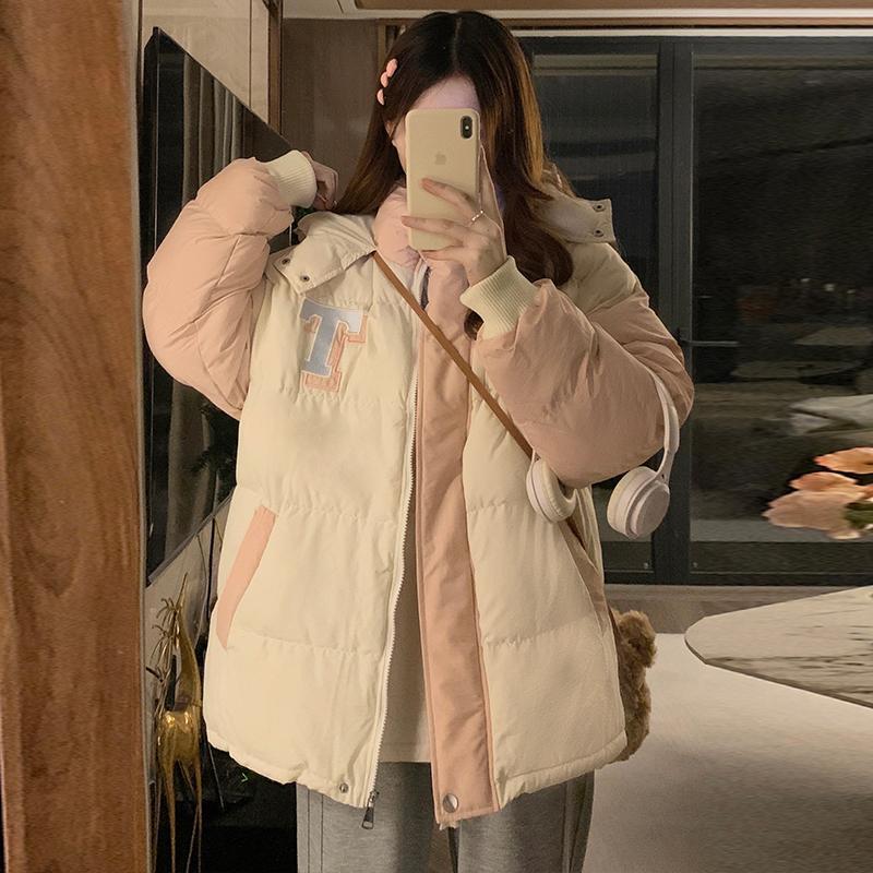 撞色拼接刺繡字母連帽棉服麵包服少女可愛加厚慵懶風洋氣棉衣外套