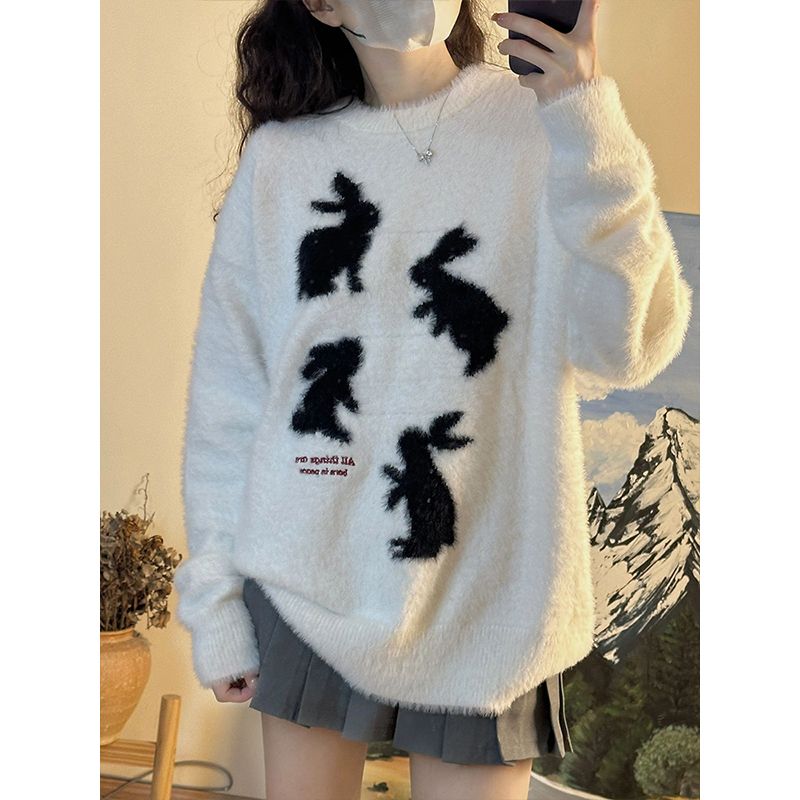 美式學院風白色仿水貂毛毛衣女秋冬套頭圓領針織衫寬鬆慵懶風上衣
