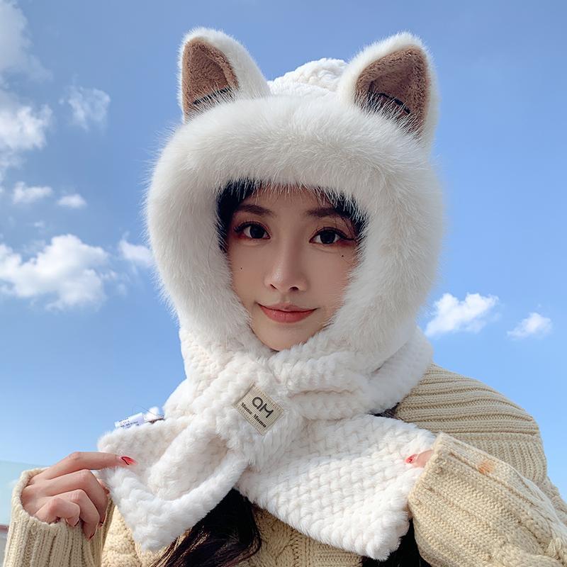 Fox ears hat and scarf all-in-one hat for women winter cute plush furry animal plus scarf two-piece set