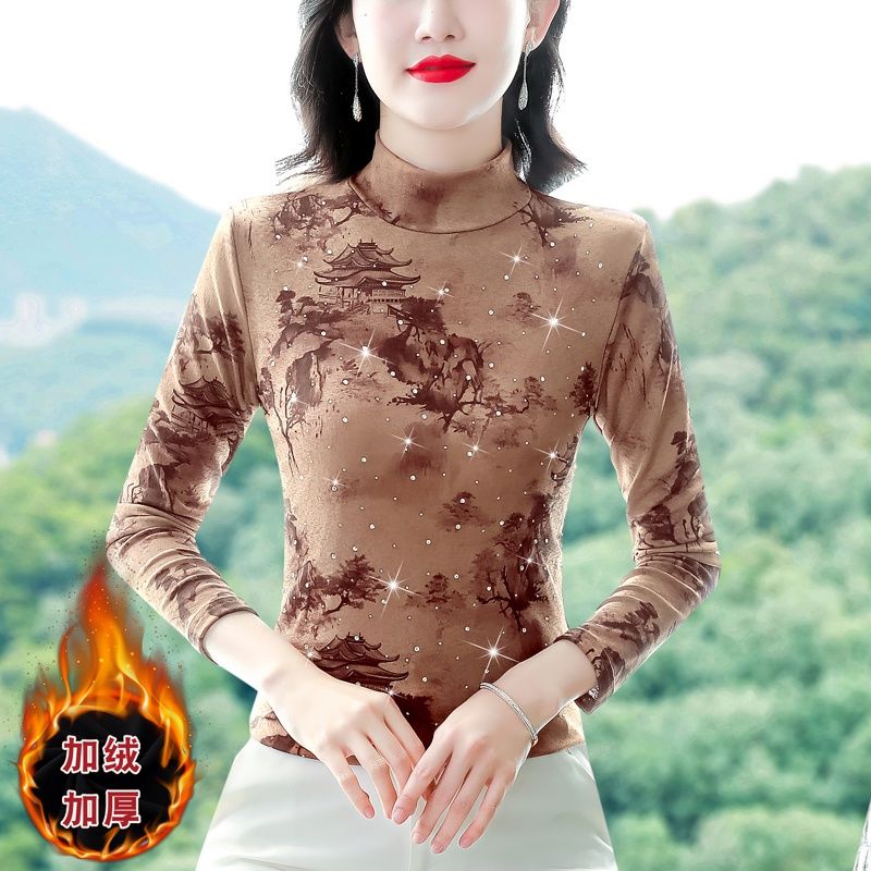 2023秋冬新款印花燙鑽長袖半高領打底衫氣質修身女上衣小衫女潮流