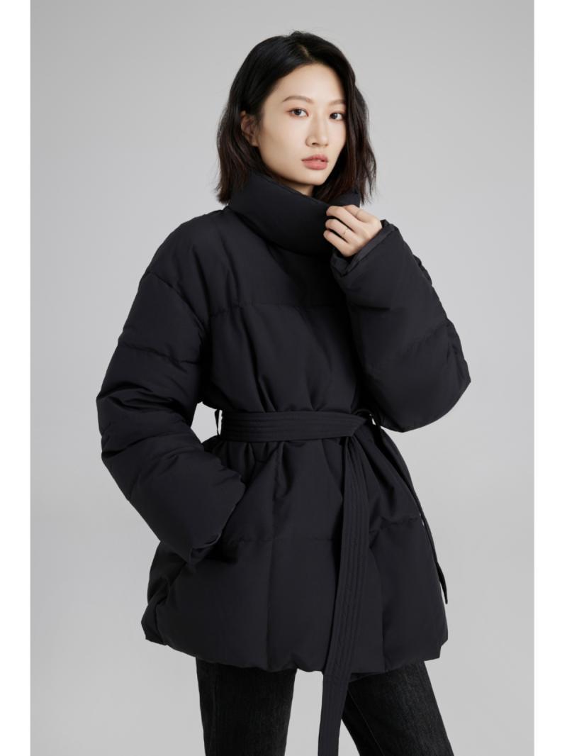 黑色收腰系帶棉服女冬季新款高級感氣質名媛修身顯瘦百搭時尚棉衣