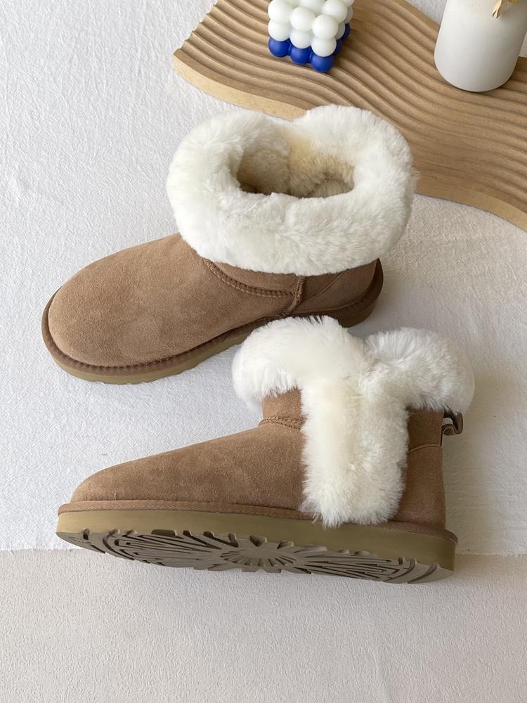 Winter snow boots, short cuffed women's boots, fur integrated warm Northeastern large cotton shoes, flat heels and soft soles