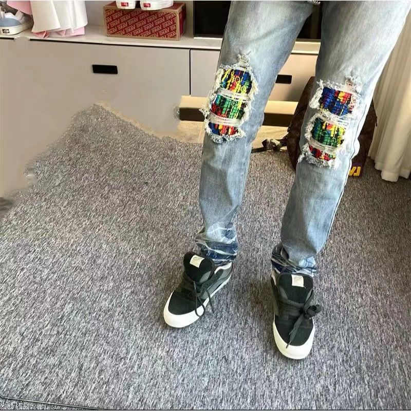 美式高街網紅同款艾米AM刺繡牛仔褲男百搭寬鬆韓版休閒學生小腳褲