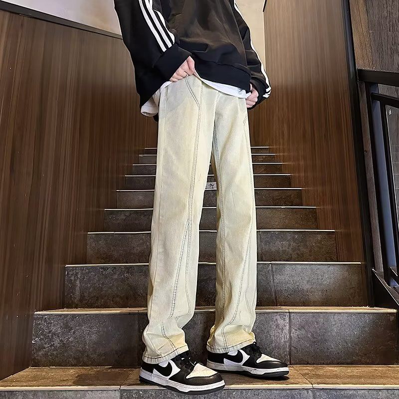 美式復古vibe拼接褲子高街潮牌水洗黃泥色牛仔褲男直筒寬鬆闊腿褲