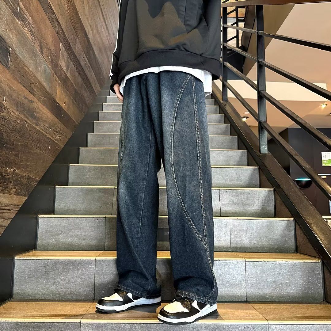 美式高街直筒牛仔褲分割設計感男款高級感寬鬆闊腿褲休閒褲子潮牌