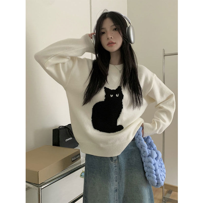 慵懶風韓系小貓黑色軟糯毛衣女秋冬新款外穿寬鬆白色針織上衣