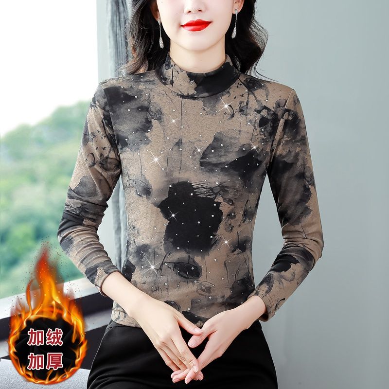 2023秋冬新款印花燙鑽長袖半高領打底衫氣質修身女顯瘦上衣小衫女