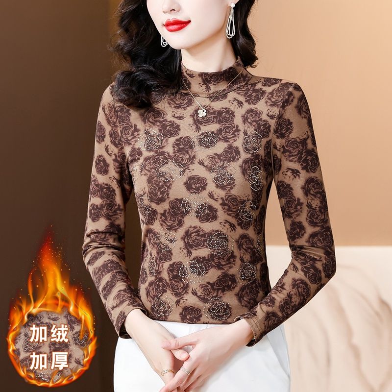 2023秋冬新款印花燙鑽長袖半高領打底衫氣質修身女氣質上衣小衫女